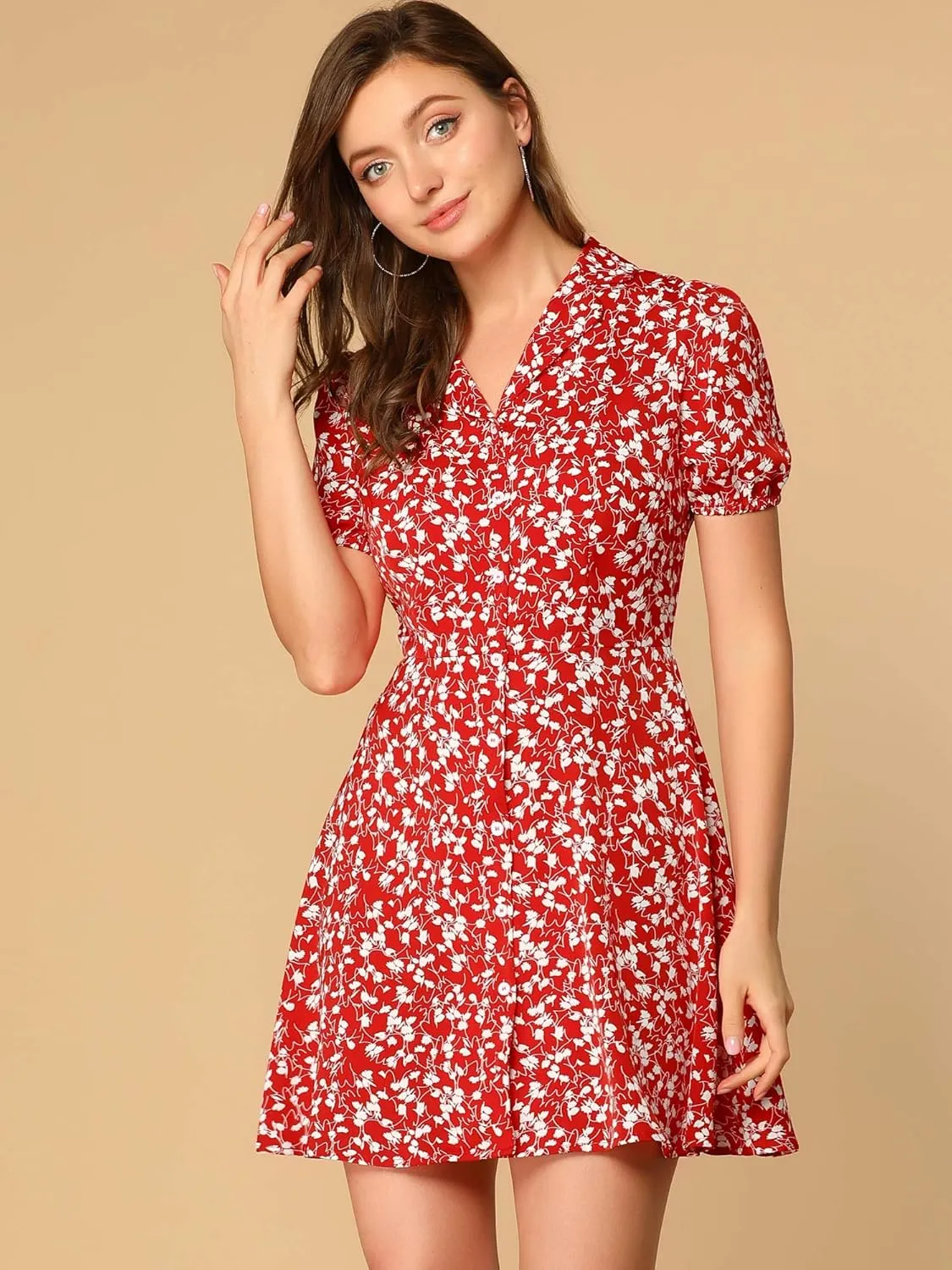 Allegra K Women's Button Up Short Sleeve A-Line Chiffon Vintage Floral Shirt Dress