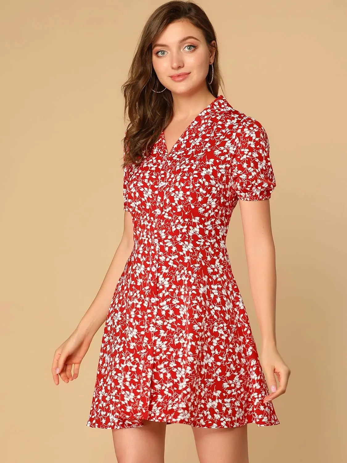 Allegra K Women's Button Up Short Sleeve A-Line Chiffon Vintage Floral Shirt Dress