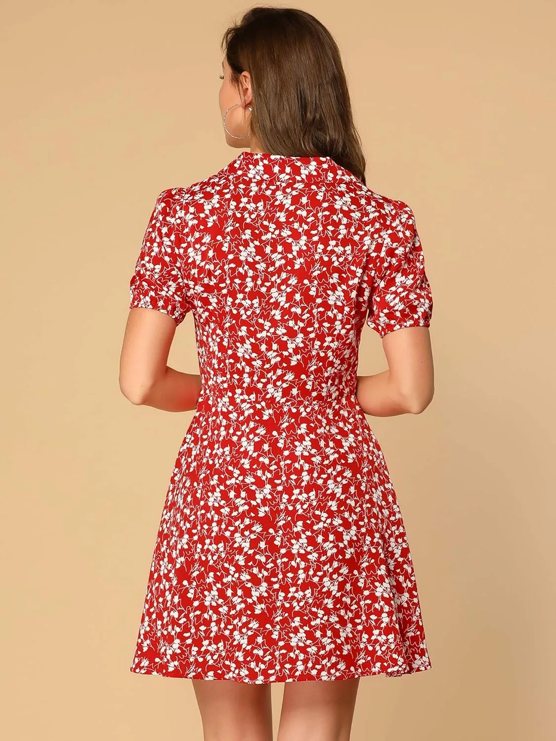 Allegra K Women's Button Up Short Sleeve A-Line Chiffon Vintage Floral Shirt Dress