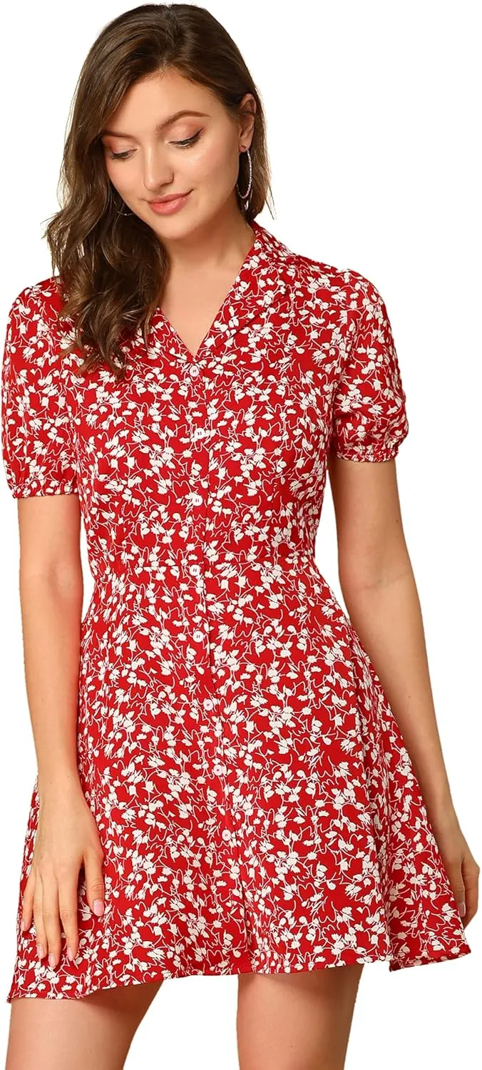 Allegra K Women's Button Up Short Sleeve A-Line Chiffon Vintage Floral Shirt Dress