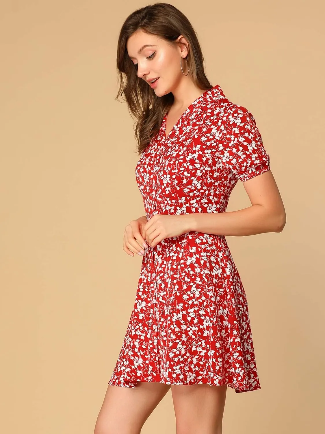 Allegra K Women's Button Up Short Sleeve A-Line Chiffon Vintage Floral Shirt Dress