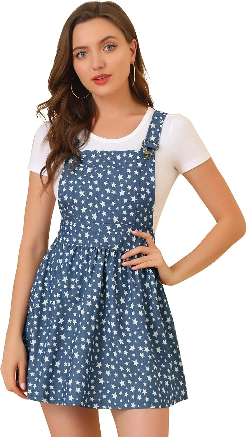 Allegra K Women's Chambray Overall Minidress Peasant Casual Suspender Straps Pantern Pinafore Dress