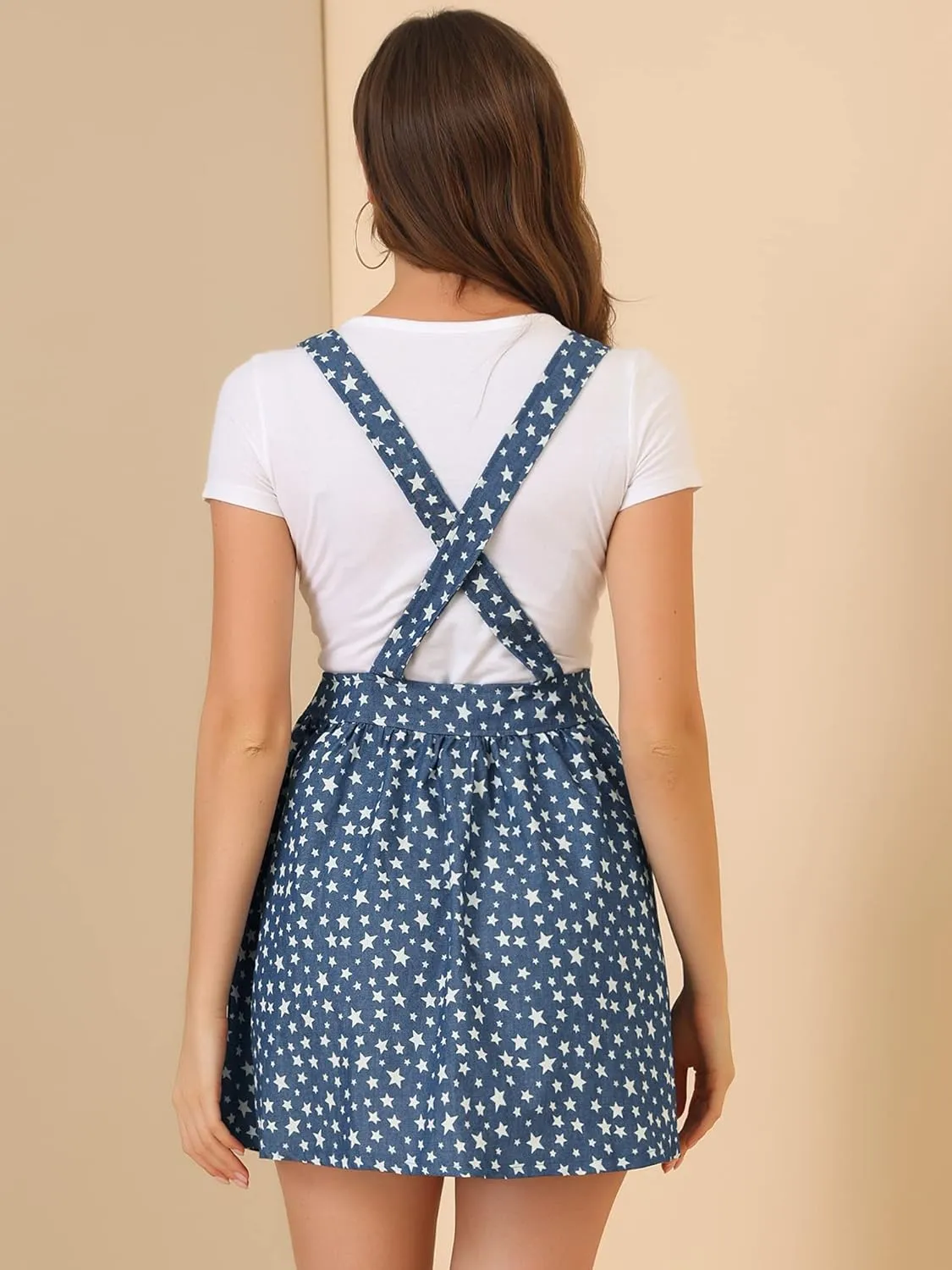 Allegra K Women's Chambray Overall Minidress Peasant Casual Suspender Straps Pantern Pinafore Dress