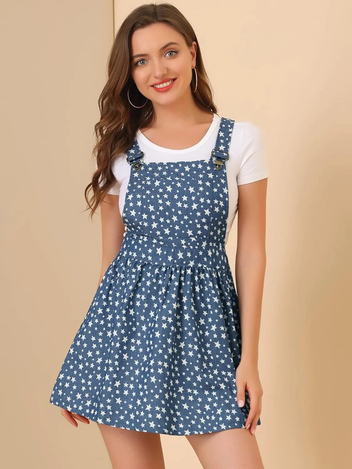 Allegra K Women's Chambray Overall Minidress Peasant Casual Suspender Straps Pantern Pinafore Dress