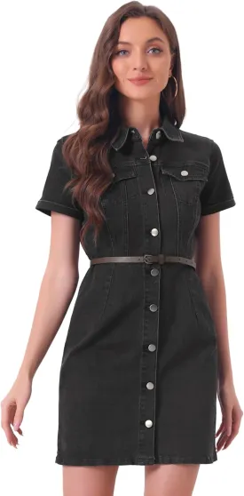 Allegra K Women's Denim Shirt Dress Collar Short Sleeve Belted Button Up Jean Dresses