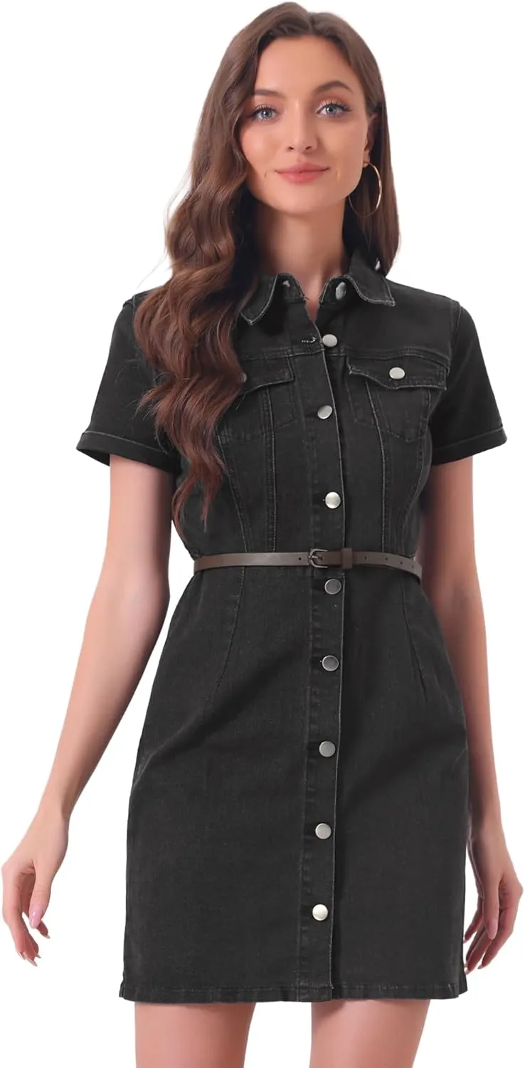 Allegra K Women's Denim Shirt Dress Collar Short Sleeve Belted Button Up Jean Dresses
