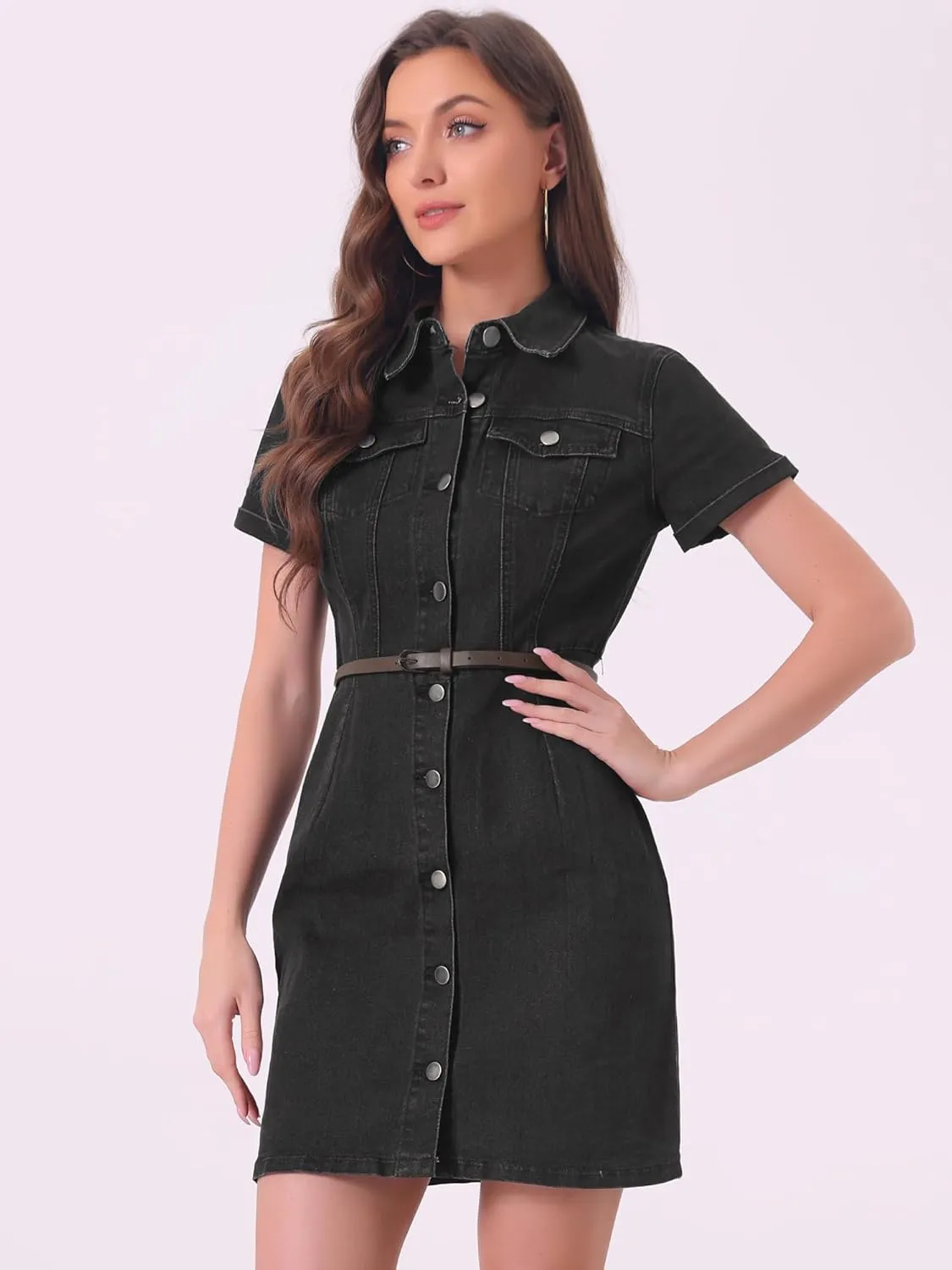 Allegra K Women's Denim Shirt Dress Collar Short Sleeve Belted Button Up Jean Dresses