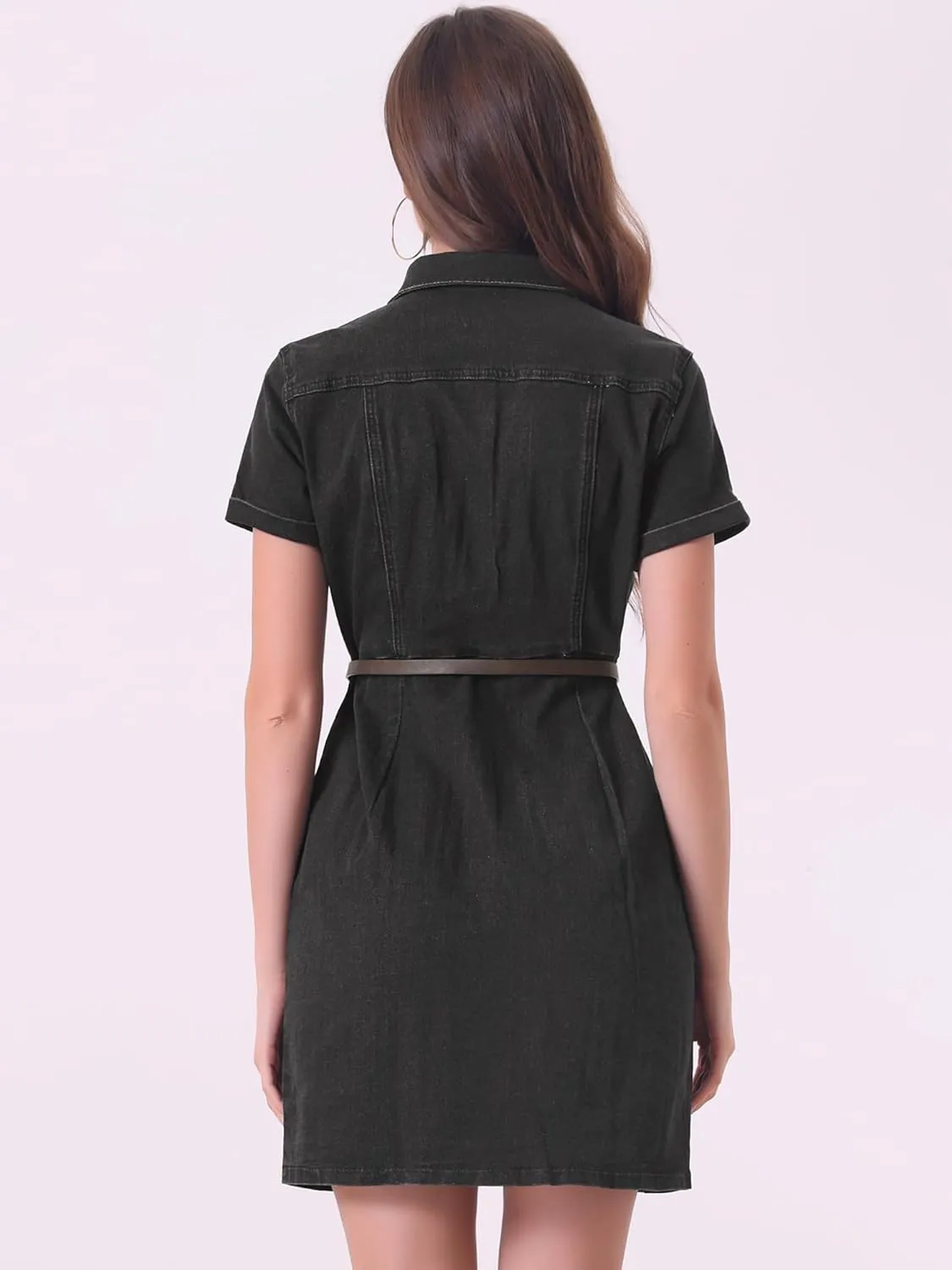Allegra K Women's Denim Shirt Dress Collar Short Sleeve Belted Button Up Jean Dresses