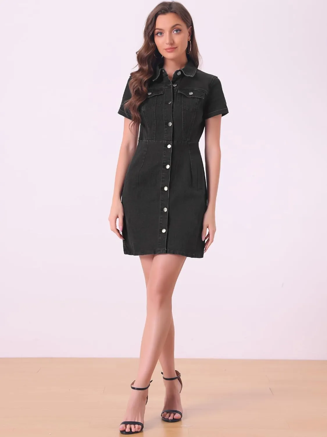 Allegra K Women's Denim Shirt Dress Collar Short Sleeve Belted Button Up Jean Dresses