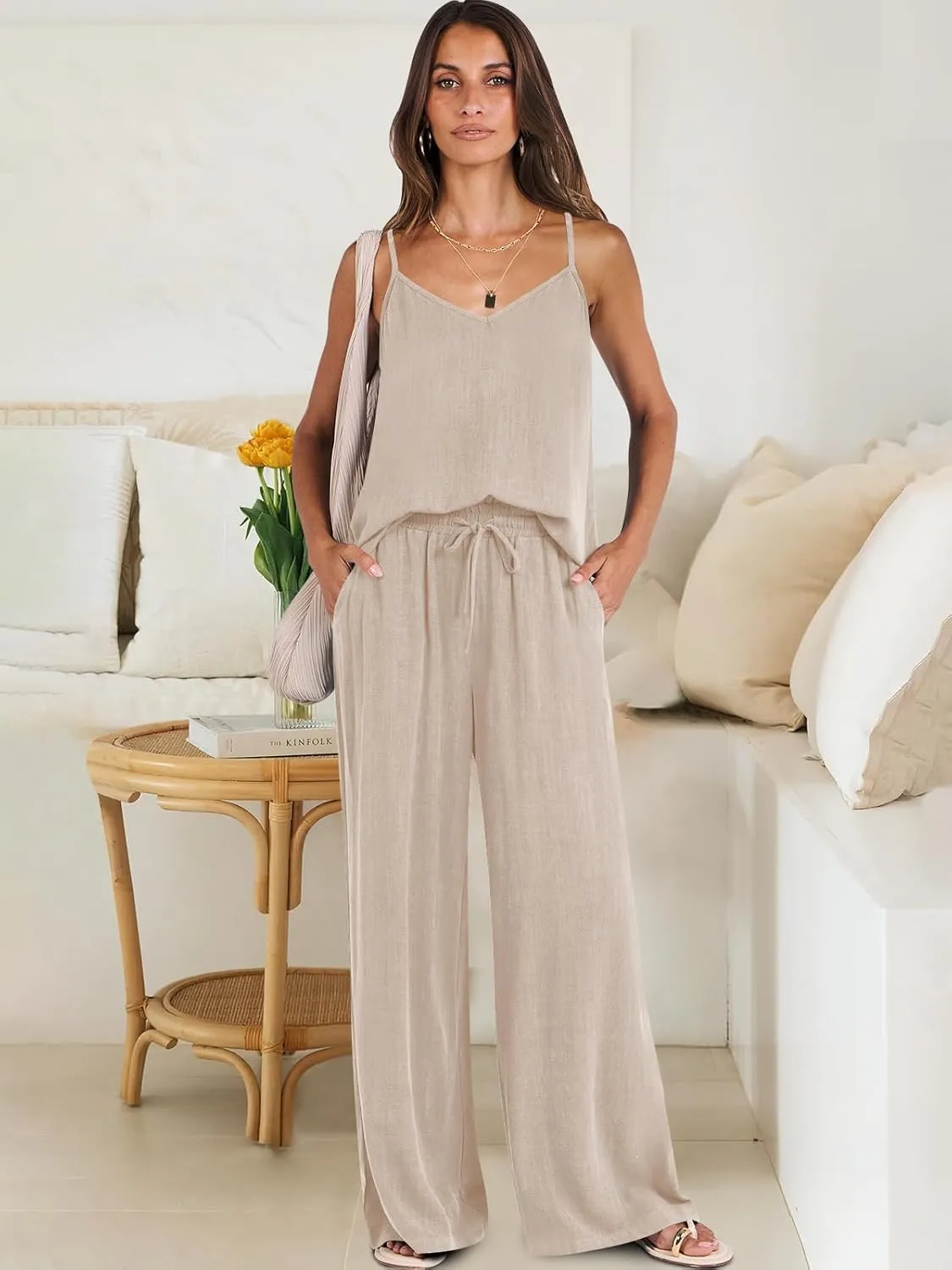 ANRABESS Women's 2 Piece Linen Lounge Set Casual Matching Pants Jumpsuit Summer Beach Travel Vacation Trendy Outfits