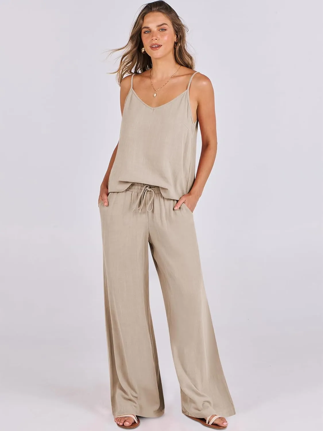 ANRABESS Women's 2 Piece Linen Lounge Set Casual Matching Pants Jumpsuit Summer Beach Travel Vacation Trendy Outfits