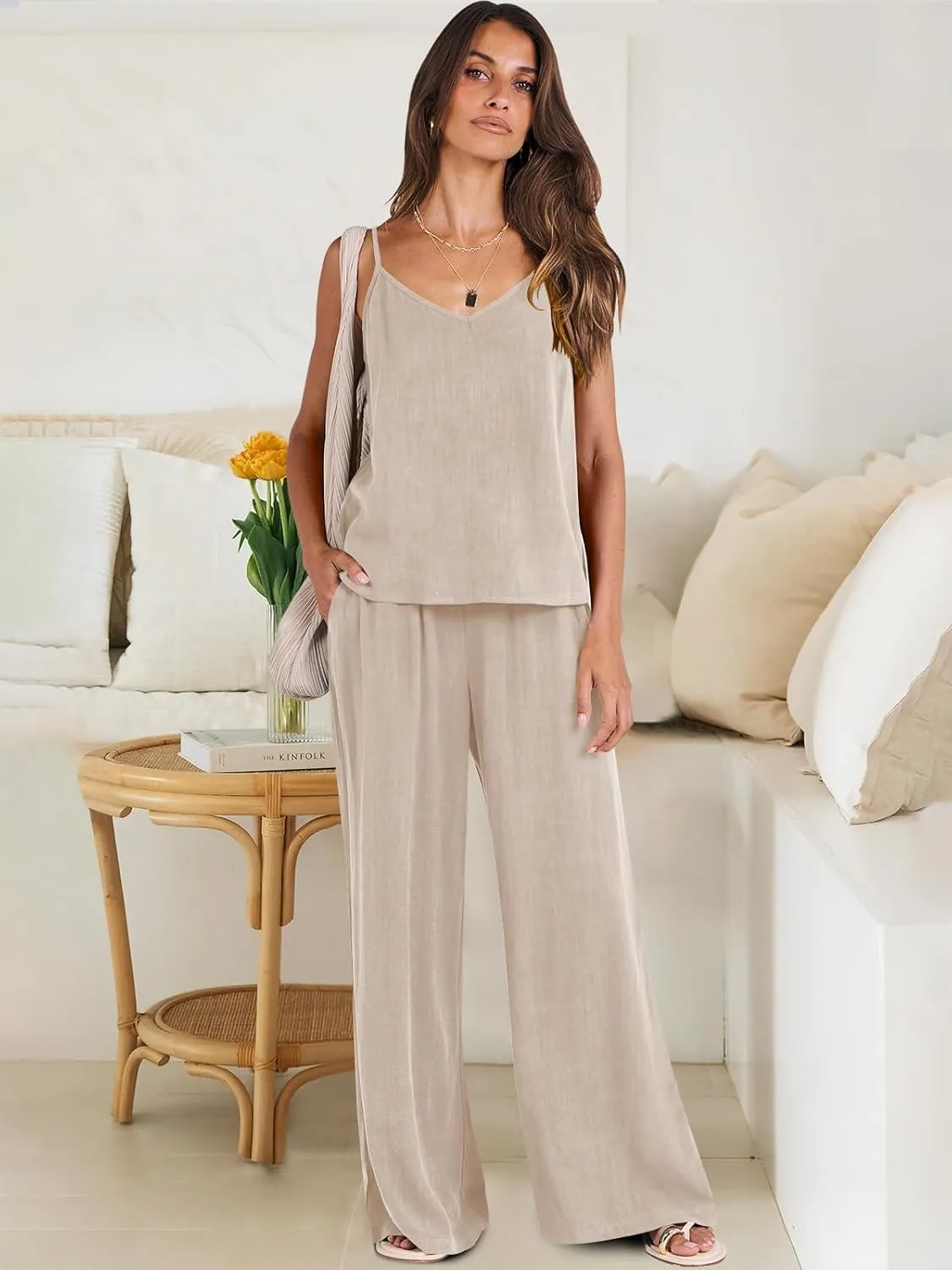 ANRABESS Women's 2 Piece Linen Lounge Set Casual Matching Pants Jumpsuit Summer Beach Travel Vacation Trendy Outfits