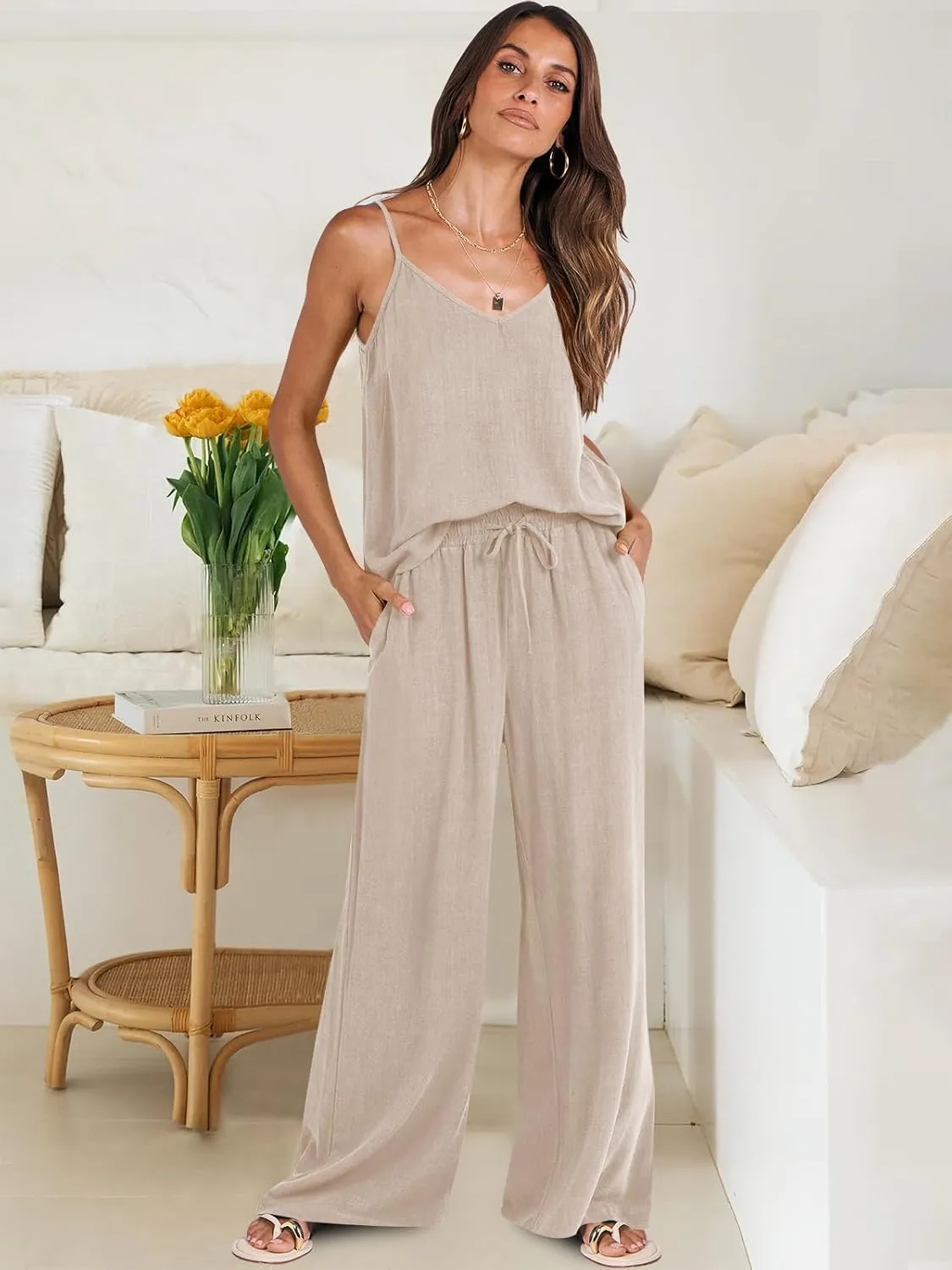 ANRABESS Women's 2 Piece Linen Lounge Set Casual Matching Pants Jumpsuit Summer Beach Travel Vacation Trendy Outfits