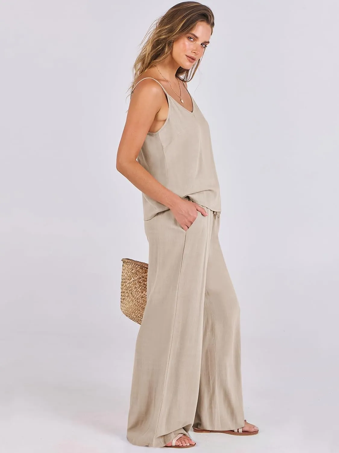 ANRABESS Women's 2 Piece Linen Lounge Set Casual Matching Pants Jumpsuit Summer Beach Travel Vacation Trendy Outfits