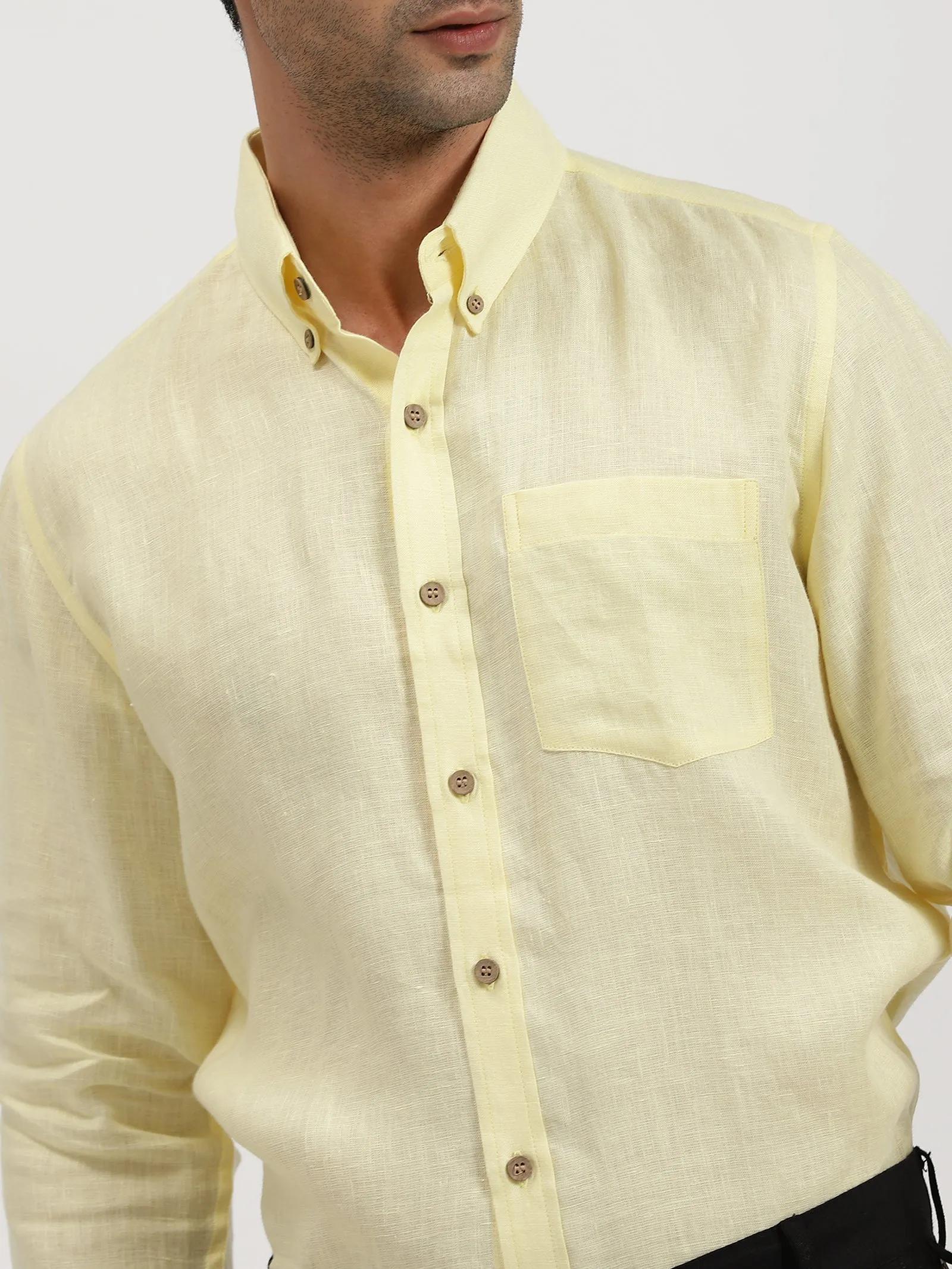 Austin - Pure Linen Button Down Full Sleeve Shirt - Light Yellow (Factory Rescue)