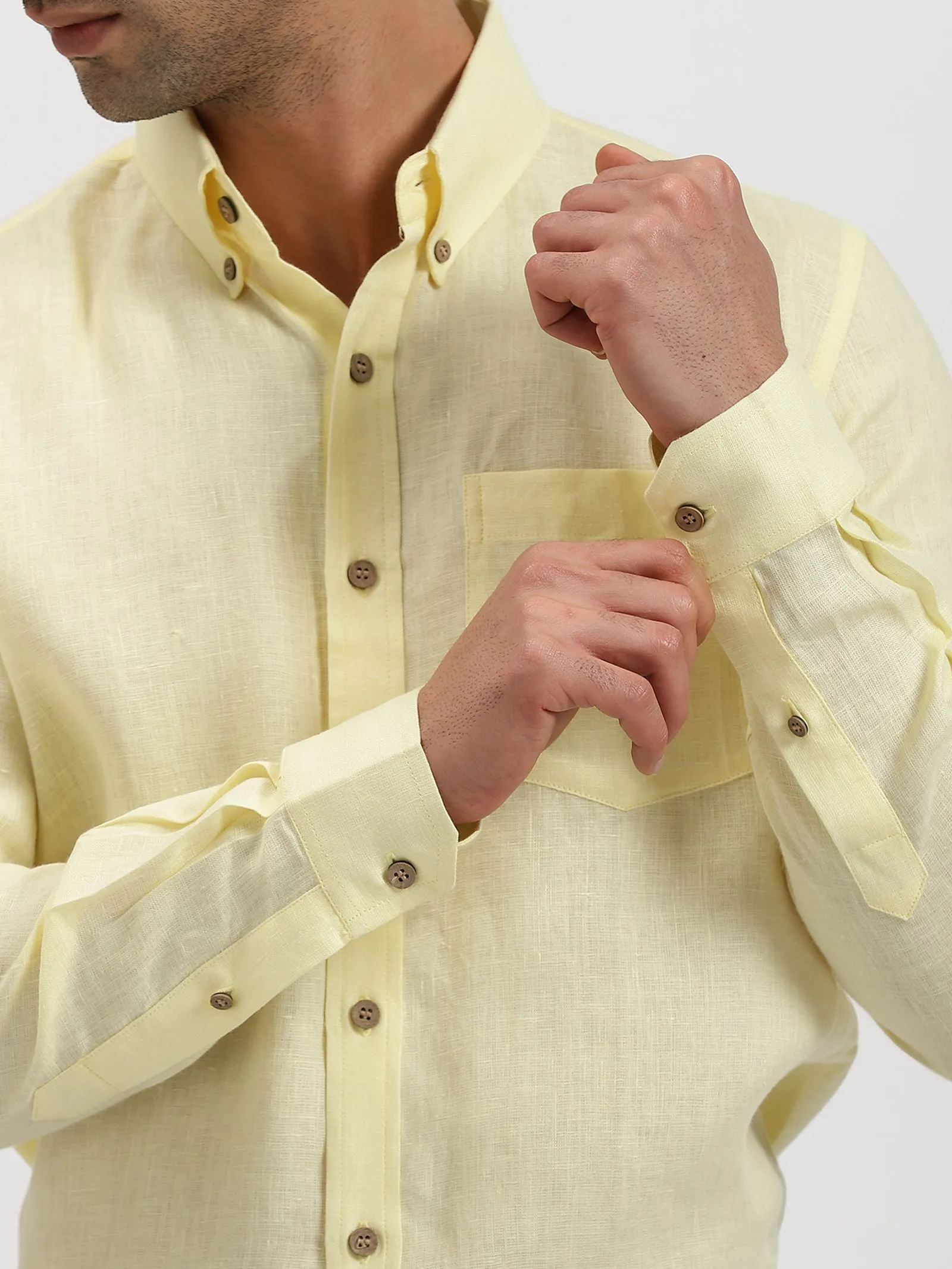 Austin - Pure Linen Button Down Full Sleeve Shirt - Light Yellow (Factory Rescue)