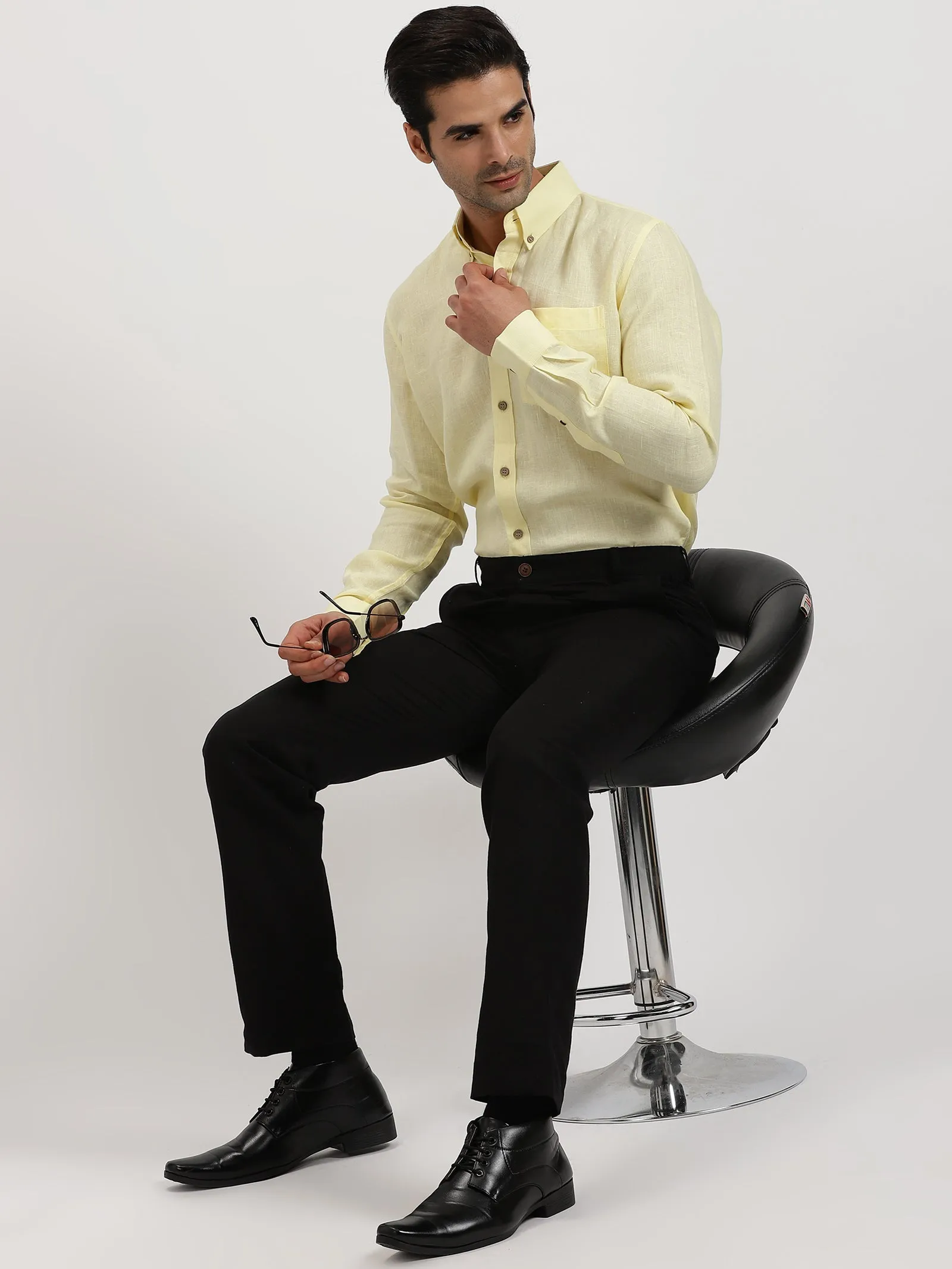 Austin - Pure Linen Button Down Full Sleeve Shirt - Light Yellow (Factory Rescue)