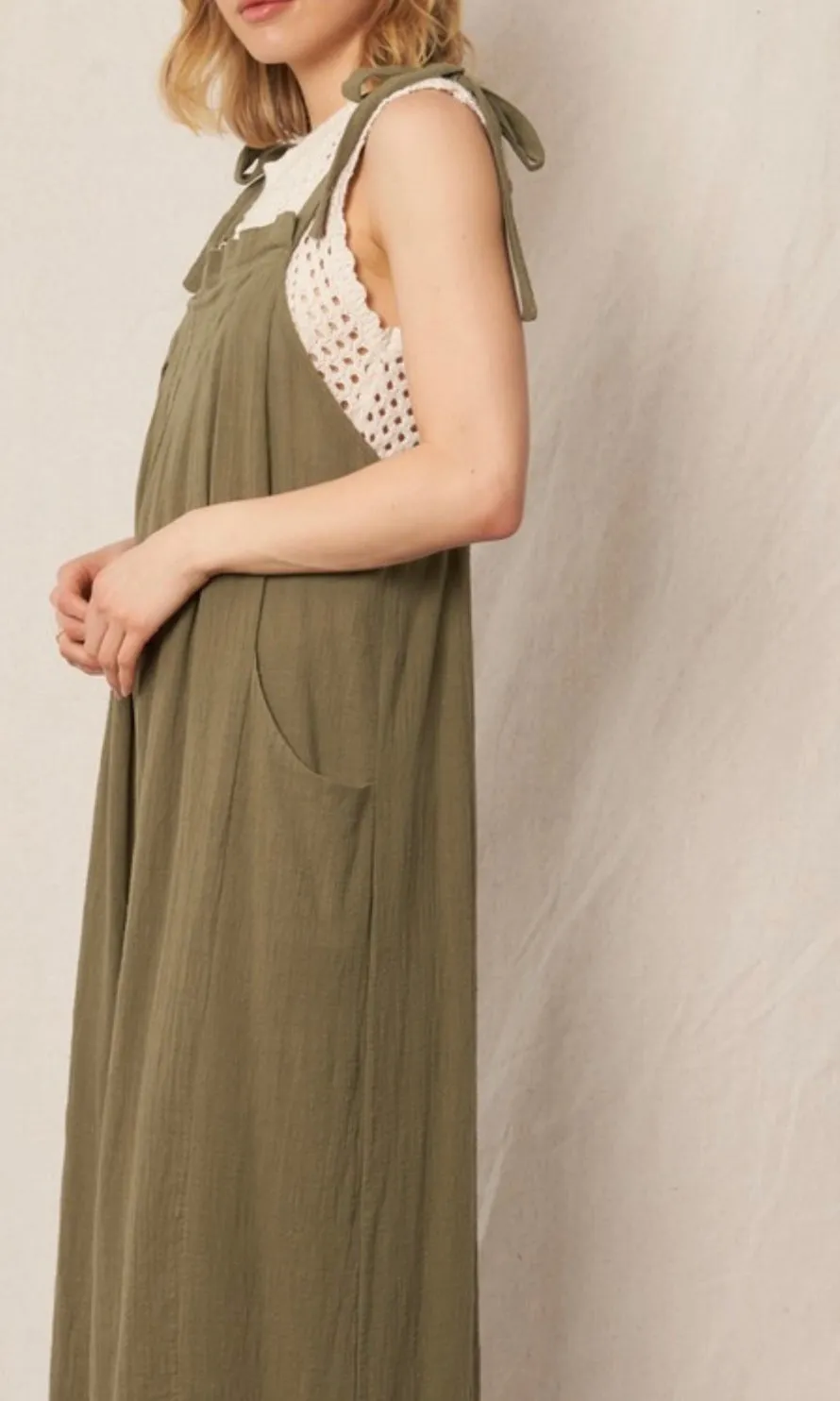 Aveny Olive Shoulder-Tie Pocket Romper Jumpsuit