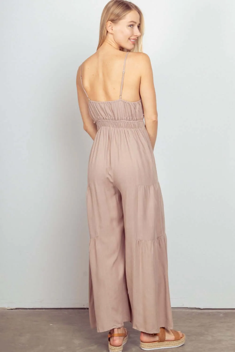 Beige Sleeveless Ruched Wide Leg Jumpsuit