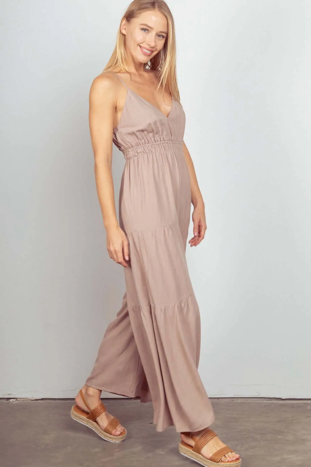 Beige Sleeveless Ruched Wide Leg Jumpsuit