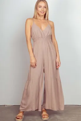 Beige Sleeveless Ruched Wide Leg Jumpsuit