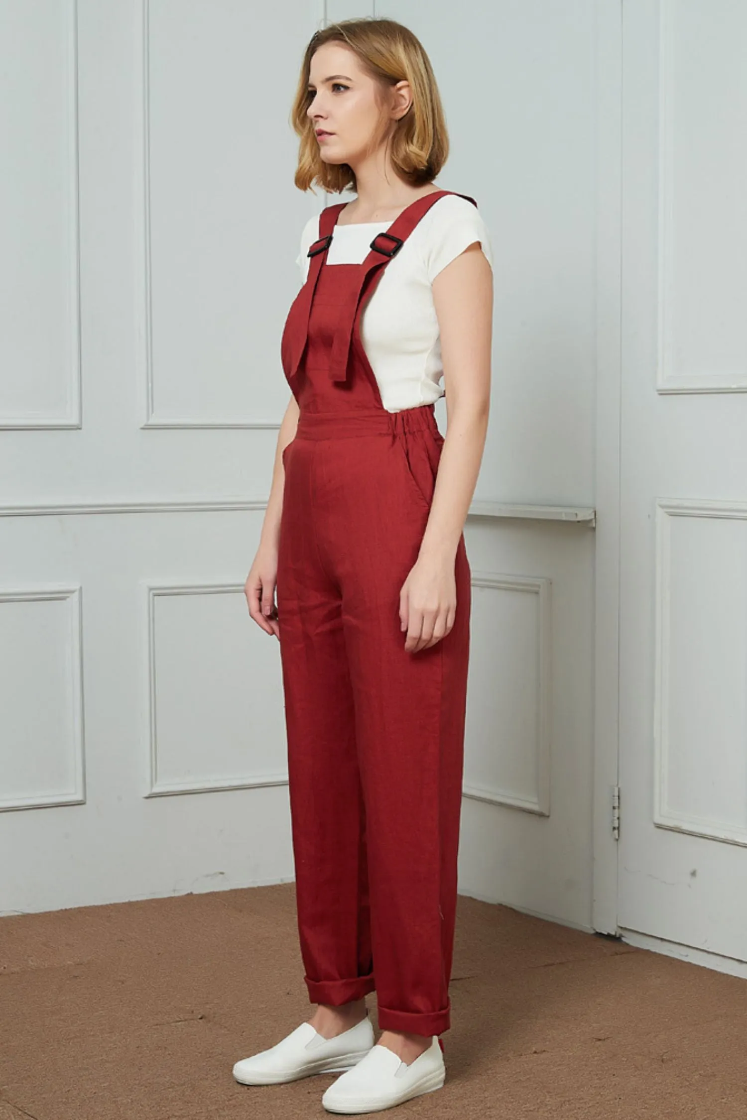 Bib Pocket Front Harem Overalls, womens linen pants C1469