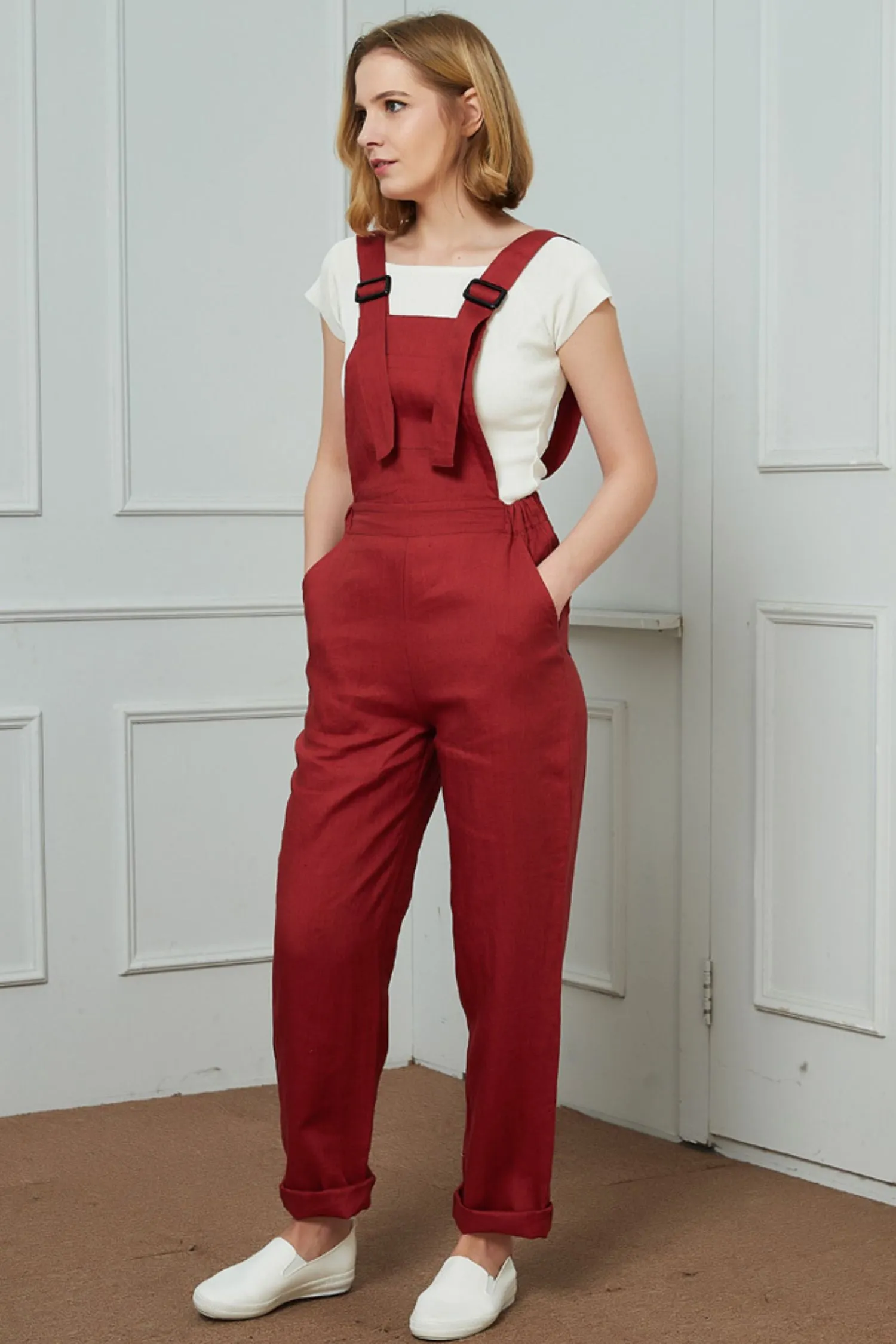 Bib Pocket Front Harem Overalls, womens linen pants C1469