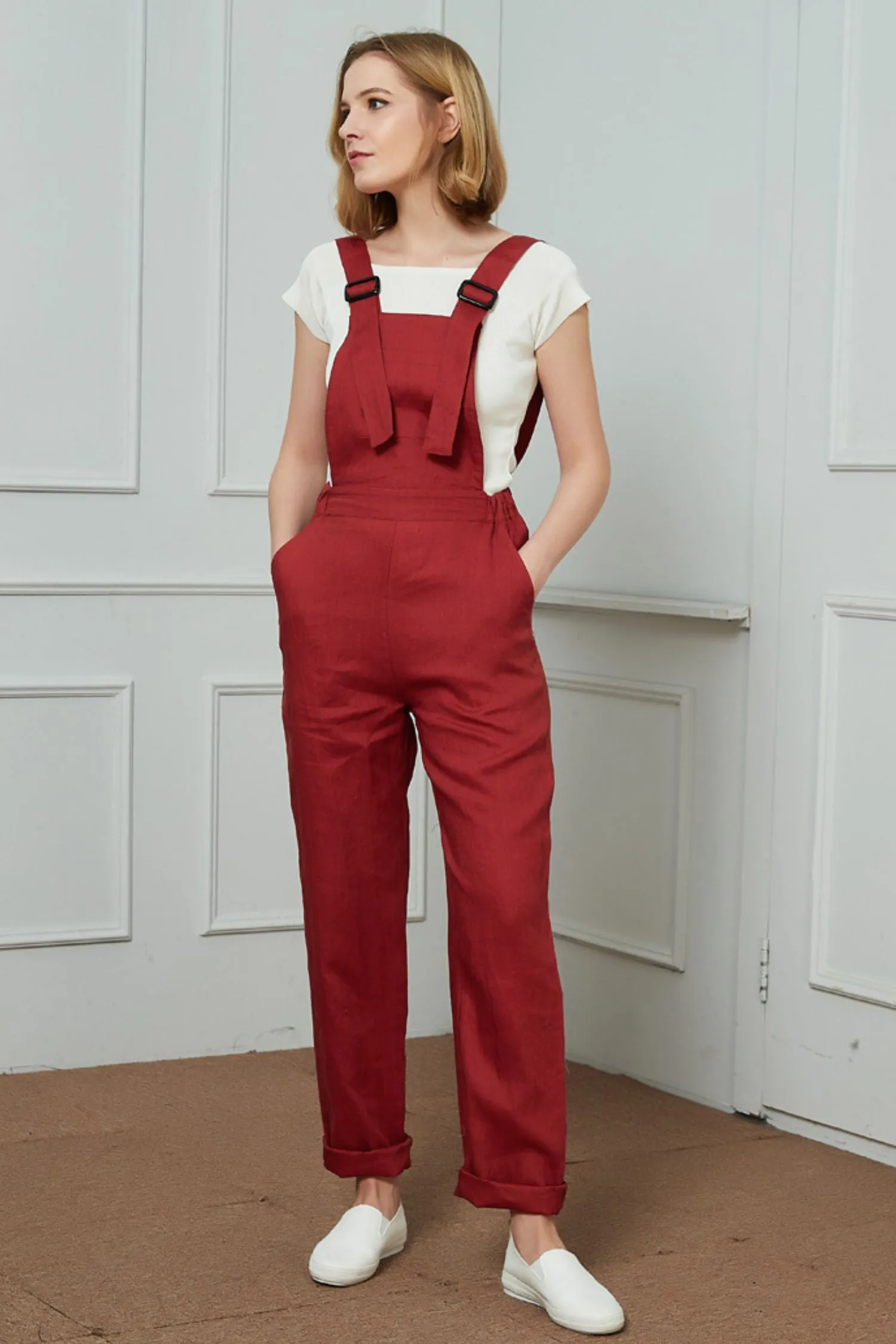 Bib Pocket Front Harem Overalls, womens linen pants C1469