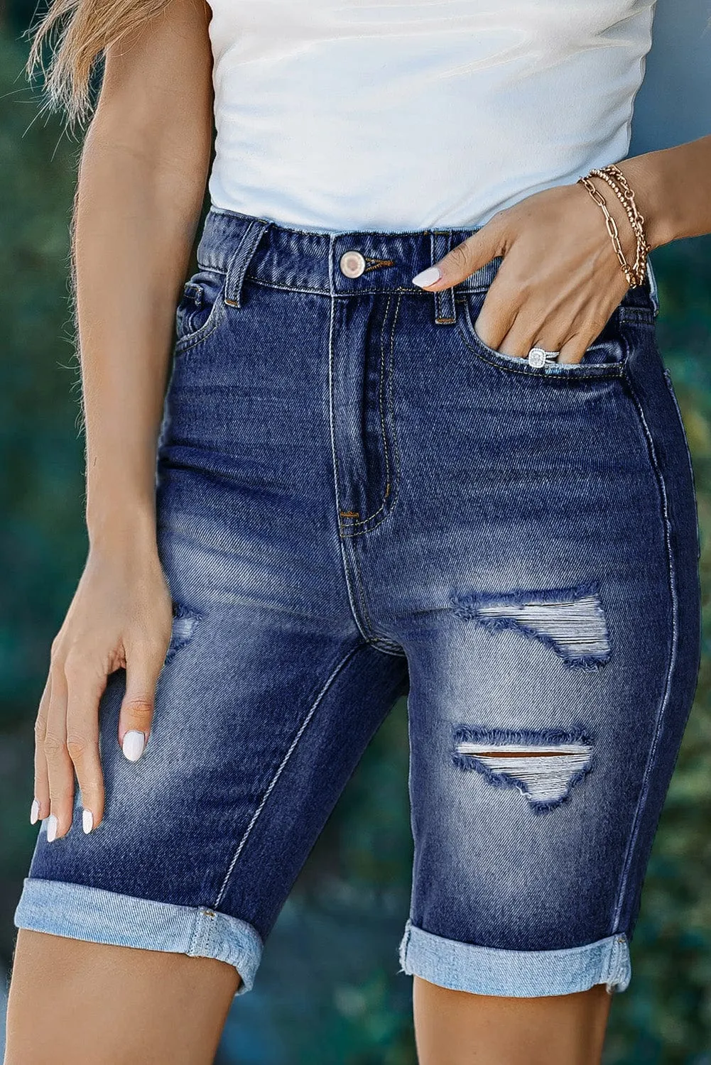 Blue Distressed Bermuda Denim Shorts with Roll-up Detail