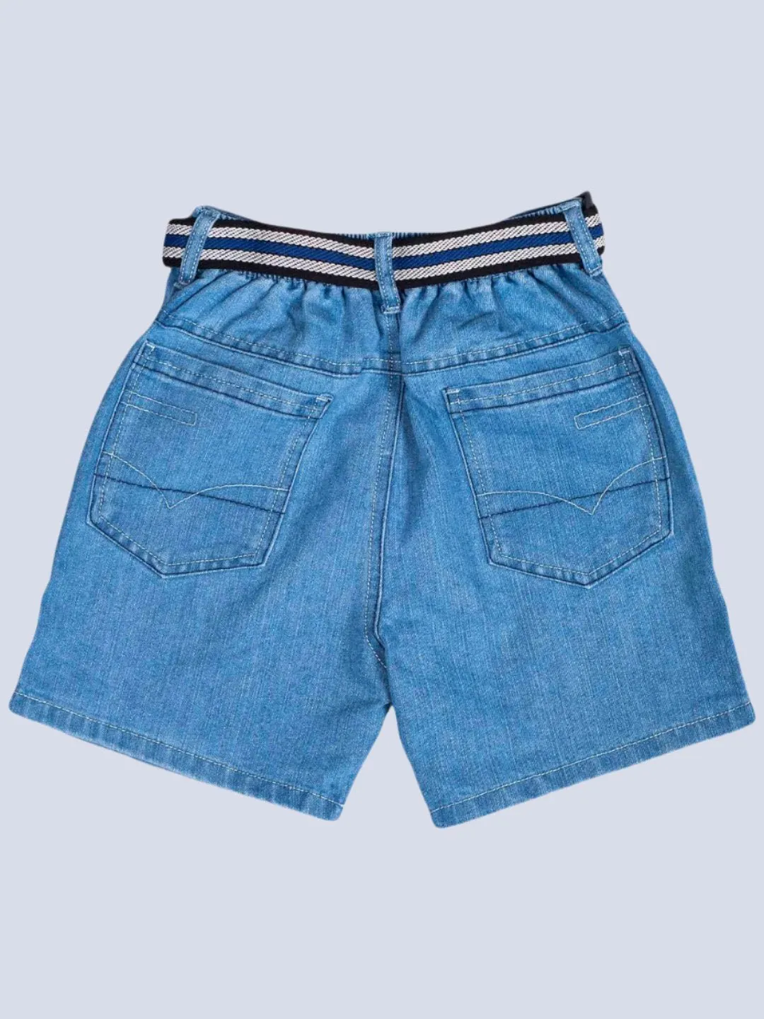 Boys' Light Blue Denim Cargo Shorts with Striped Belt and Multi-Pocket Design