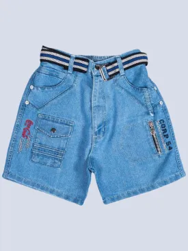 Boys' Light Blue Denim Cargo Shorts with Striped Belt and Multi-Pocket Design