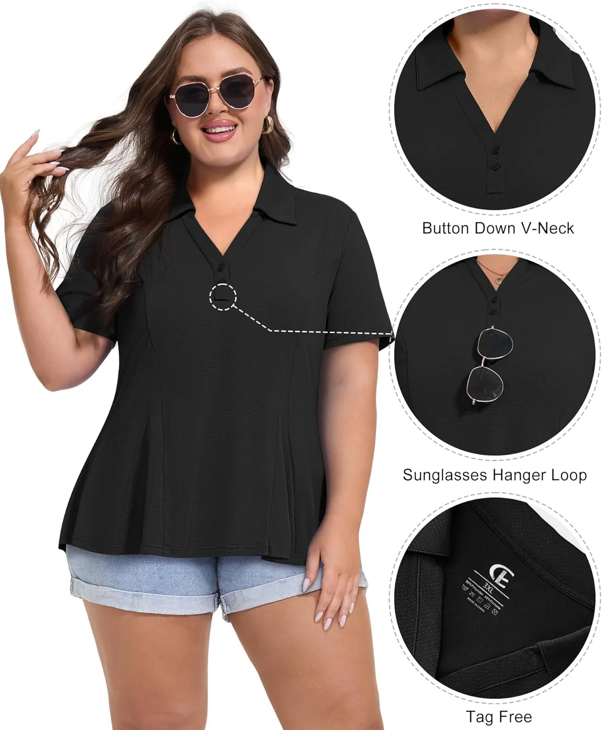 Casei Women's Plus Size Golf Polo Shirt with Sunglasses Holder UPF 50  Tunic Tops Casual Workout Work Shirts