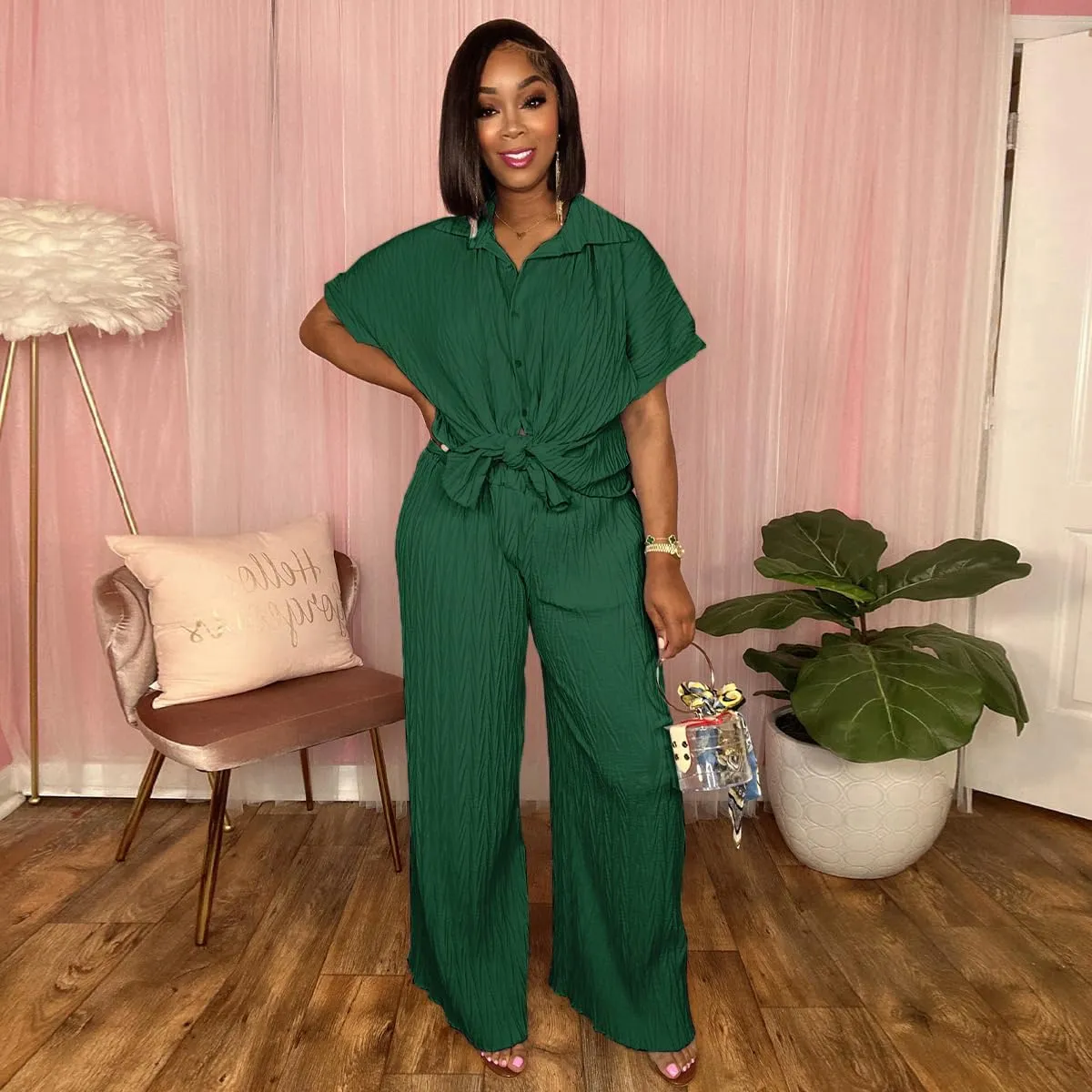 Casual Two Piece Set for Women - Button Down Shirt and Wide Leg Pants Matching Set Tracksuits