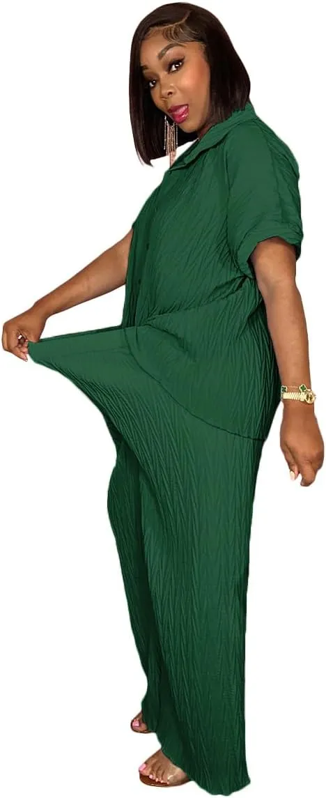 Casual Two Piece Set for Women - Button Down Shirt and Wide Leg Pants Matching Set Tracksuits