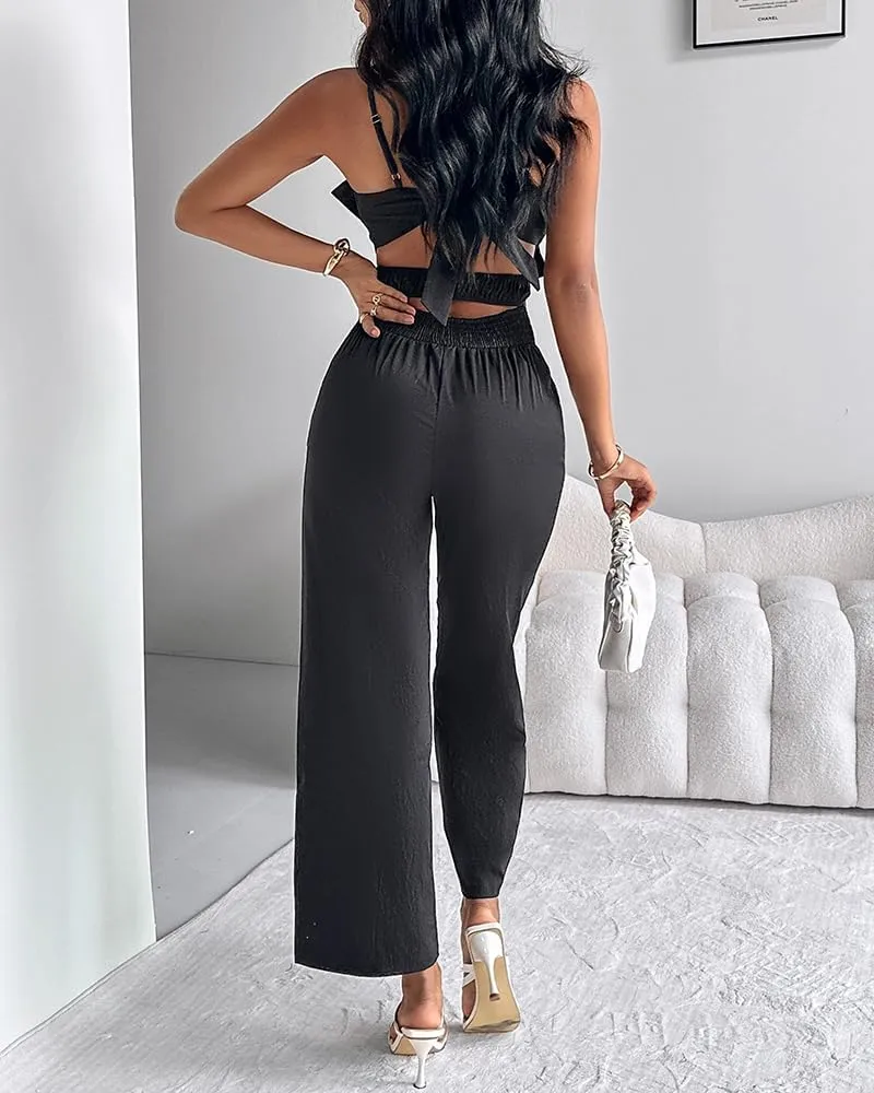 ChicMe Women Floral Pattern Jumpsuit Sleeveless Shirred Romper Casual Overall with Pockets