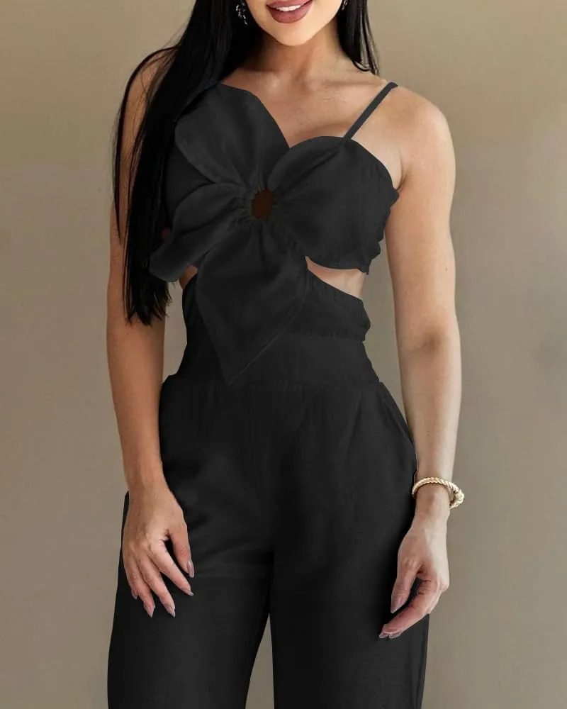 ChicMe Women Floral Pattern Jumpsuit Sleeveless Shirred Romper Casual Overall with Pockets