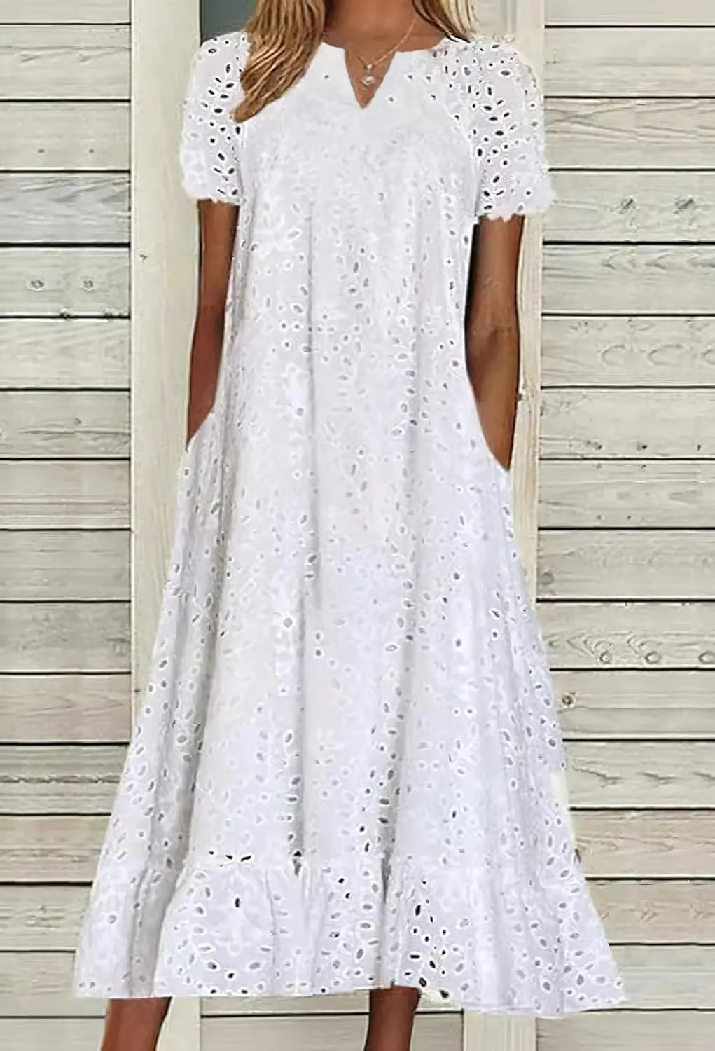 chouyatou Women Summer Ruffle Hem Floral Lace Eyelet Dress Casual Notch Neck Midi Tunic Dress with Pocket