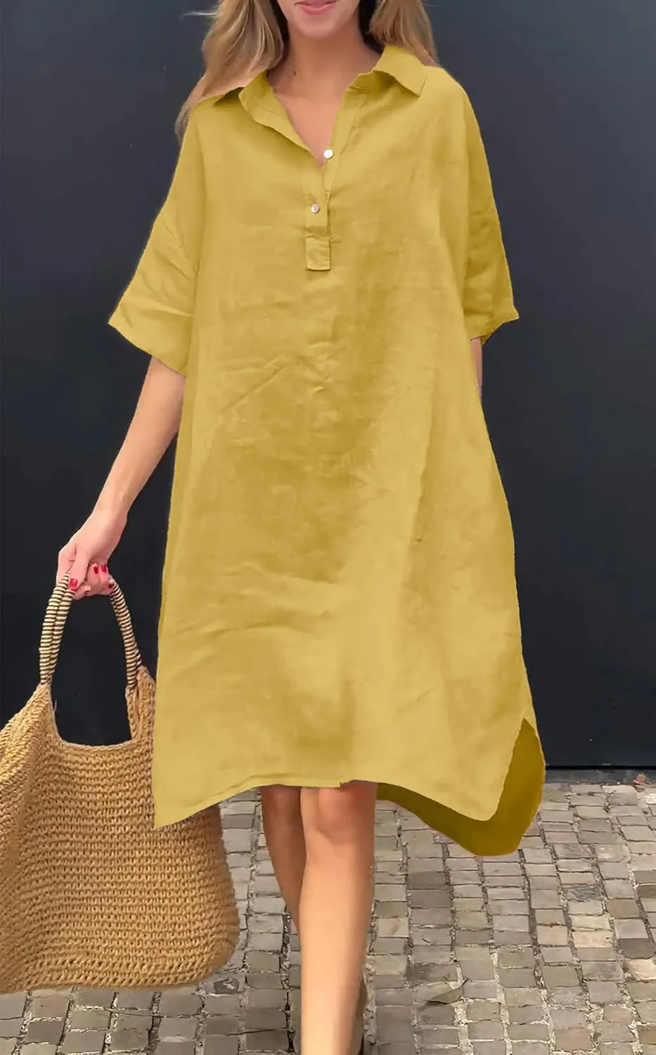 chouyatou Women's Summer Casual Linen Beach Tunic Dress Loose High Low Midi Long Polo T Shirt Dress