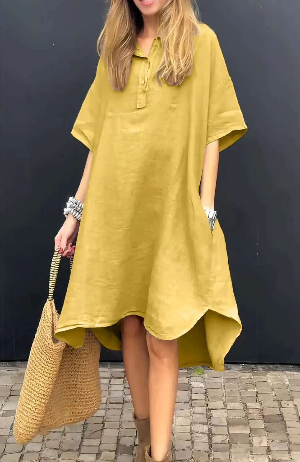 chouyatou Women's Summer Casual Linen Beach Tunic Dress Loose High Low Midi Long Polo T Shirt Dress