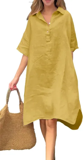 chouyatou Women's Summer Casual Linen Beach Tunic Dress Loose High Low Midi Long Polo T Shirt Dress