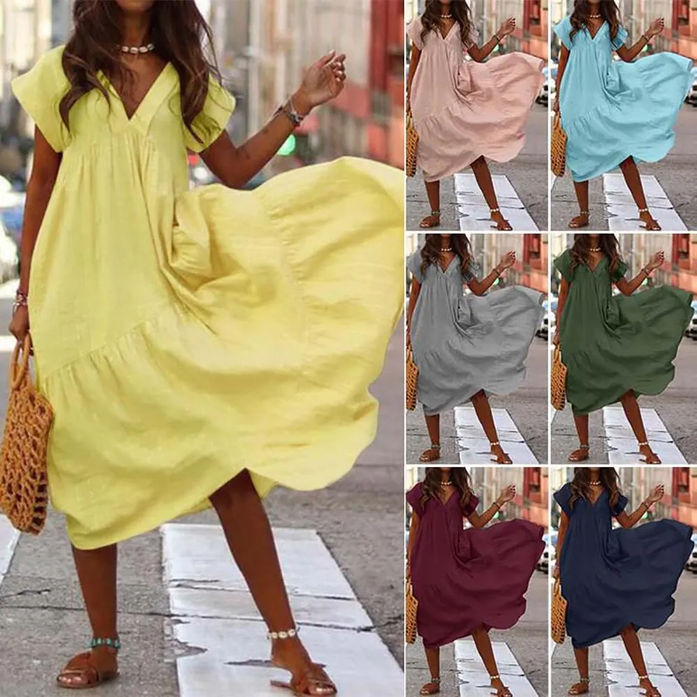 Cotton Dress for Women Summer Flowy Maxi Dress Casual Short Sleeve V Neck Boho Dress Tunic Layered Dress S-5XL