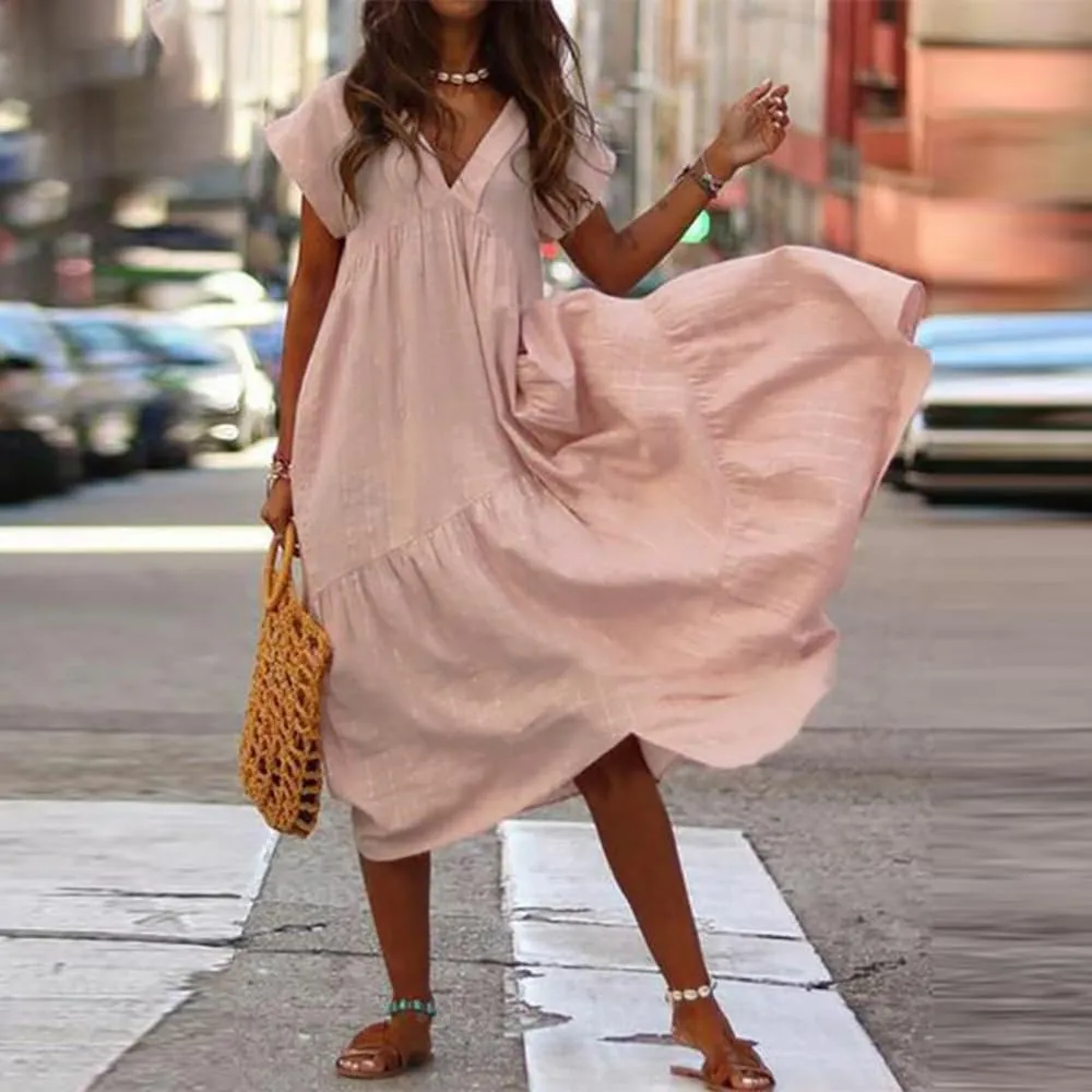 Cotton Dress for Women Summer Flowy Maxi Dress Casual Short Sleeve V Neck Boho Dress Tunic Layered Dress S-5XL