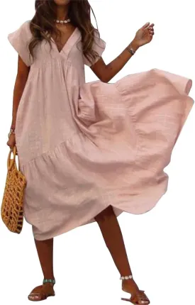 Cotton Dress for Women Summer Flowy Maxi Dress Casual Short Sleeve V Neck Boho Dress Tunic Layered Dress S-5XL