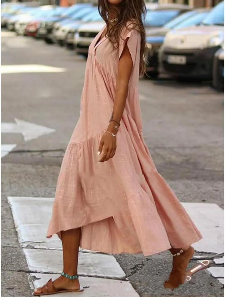 Cotton Dress for Women Summer Flowy Maxi Dress Casual Short Sleeve V Neck Boho Dress Tunic Layered Dress S-5XL