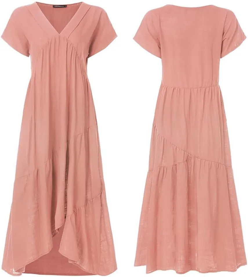 Cotton Dress for Women Summer Flowy Maxi Dress Casual Short Sleeve V Neck Boho Dress Tunic Layered Dress S-5XL