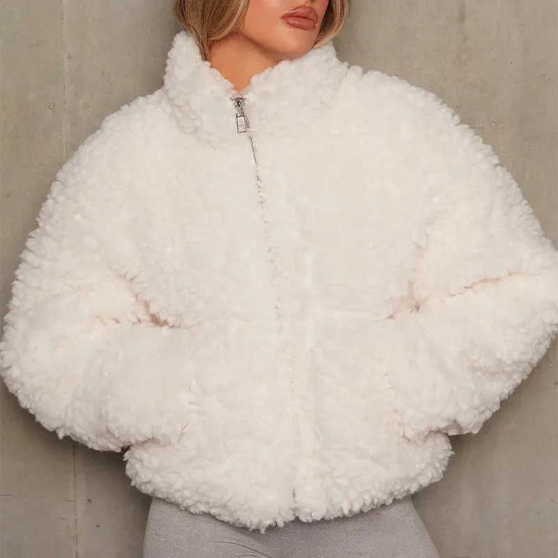 Cozy Plush Lamb Wool Cardigan Jacket for Women – Stylish Autumn/Winter Short Coat