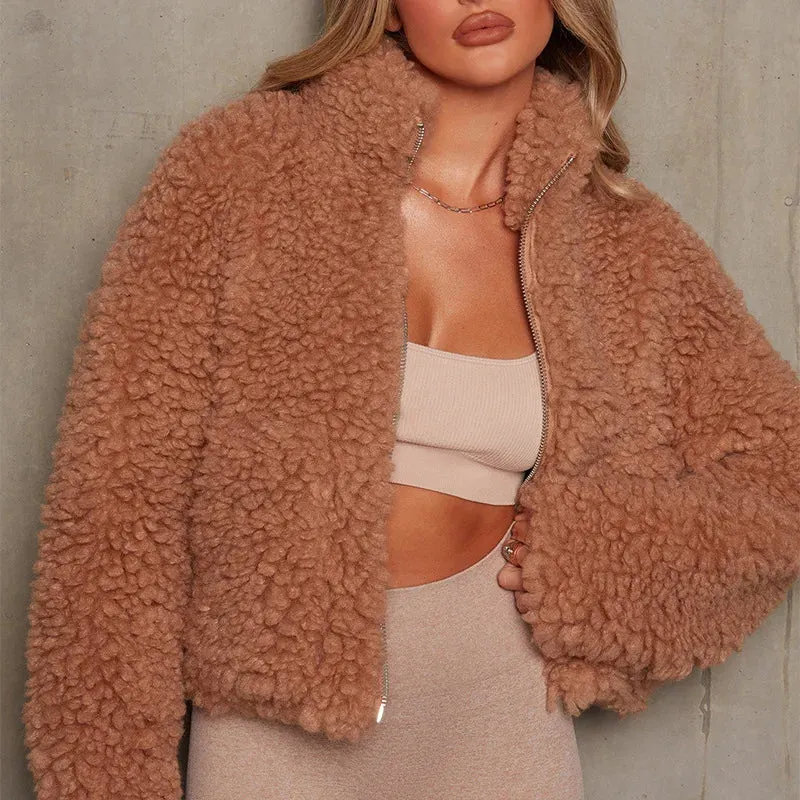 Cozy Plush Lamb Wool Cardigan Jacket for Women – Stylish Autumn/Winter Short Coat