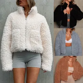 Cozy Plush Lamb Wool Cardigan Jacket for Women – Stylish Autumn/Winter Short Coat