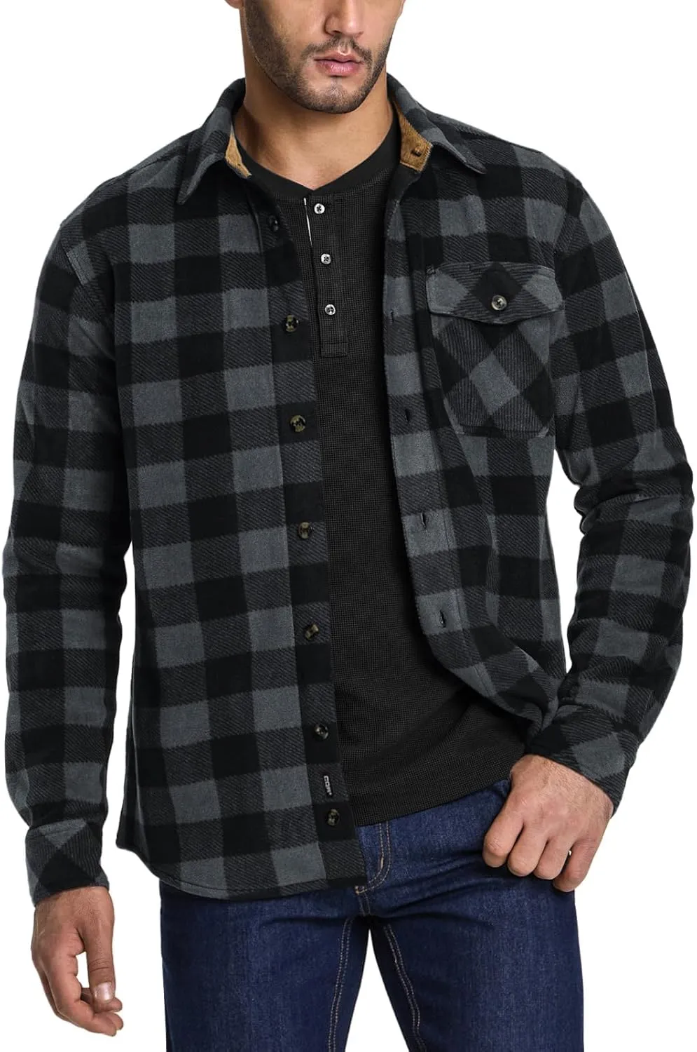CQR Men's Long Sleeve Heavyweight Fleece Shirts, Plaid Button Up Shirt, Warm Outdoor Casual Shirt with Pockets