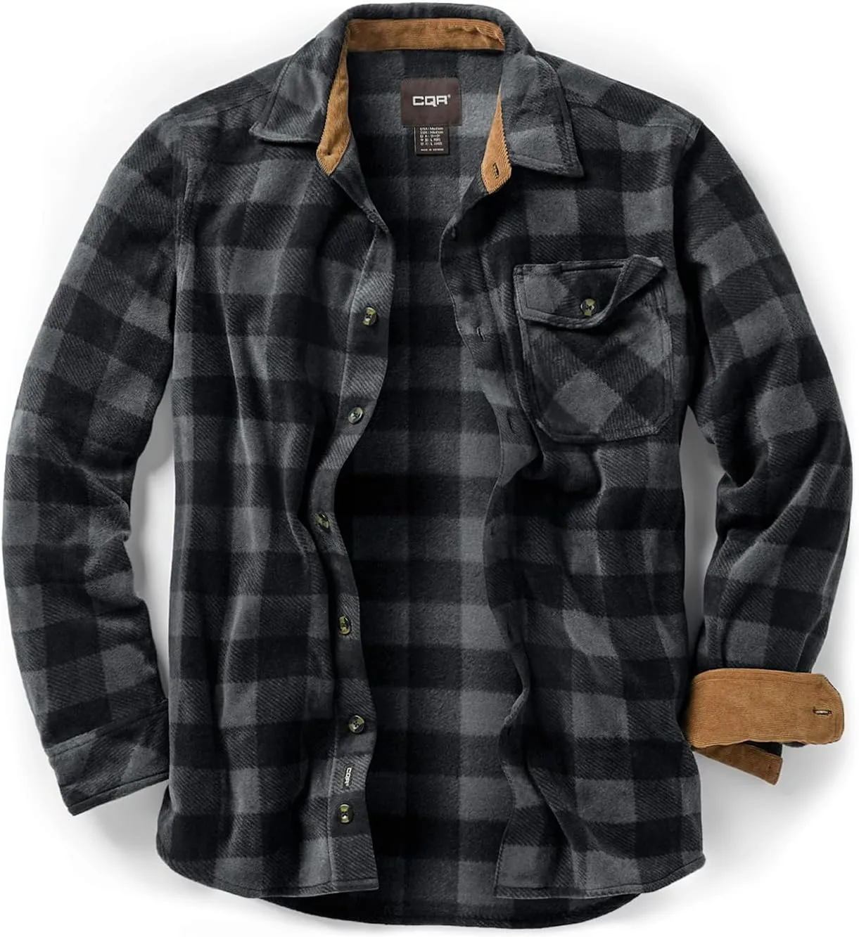CQR Men's Long Sleeve Heavyweight Fleece Shirts, Plaid Button Up Shirt, Warm Outdoor Casual Shirt with Pockets